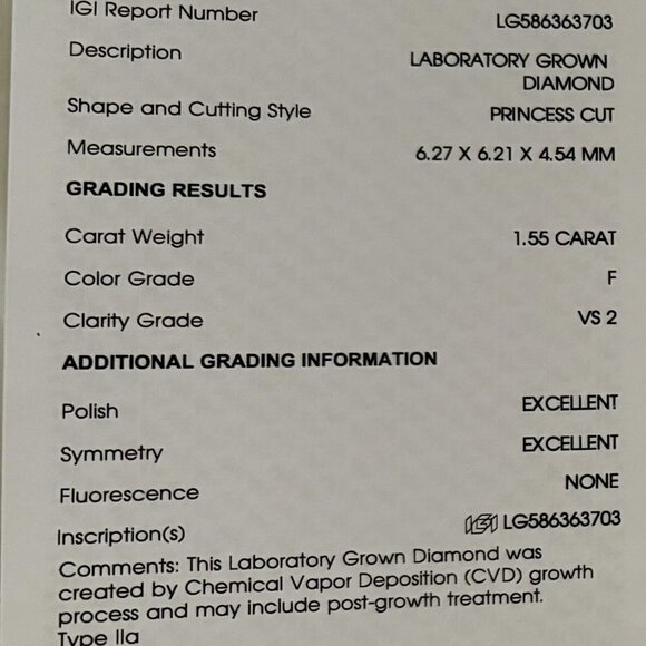 1.55 CT VS2 PRINCESS CUT LAB GROWN DIAMOND ENGAGEMENT RING 14K GOLD - Picture 8 of 11